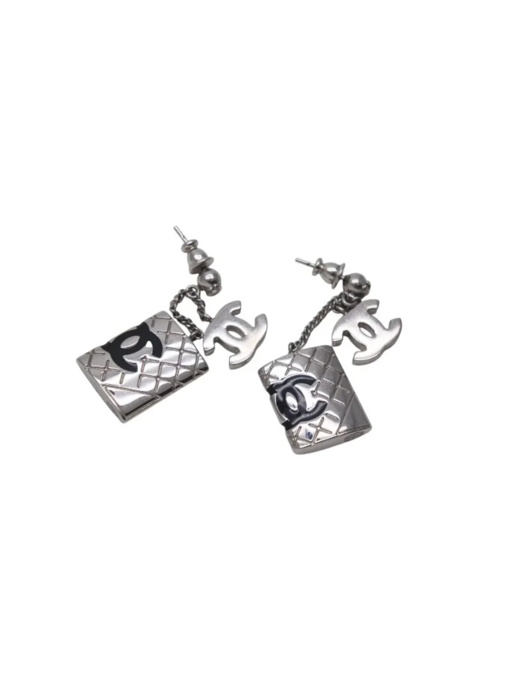 Chanel Earrings CC Logo Dangling 95c Metal Silver Black
